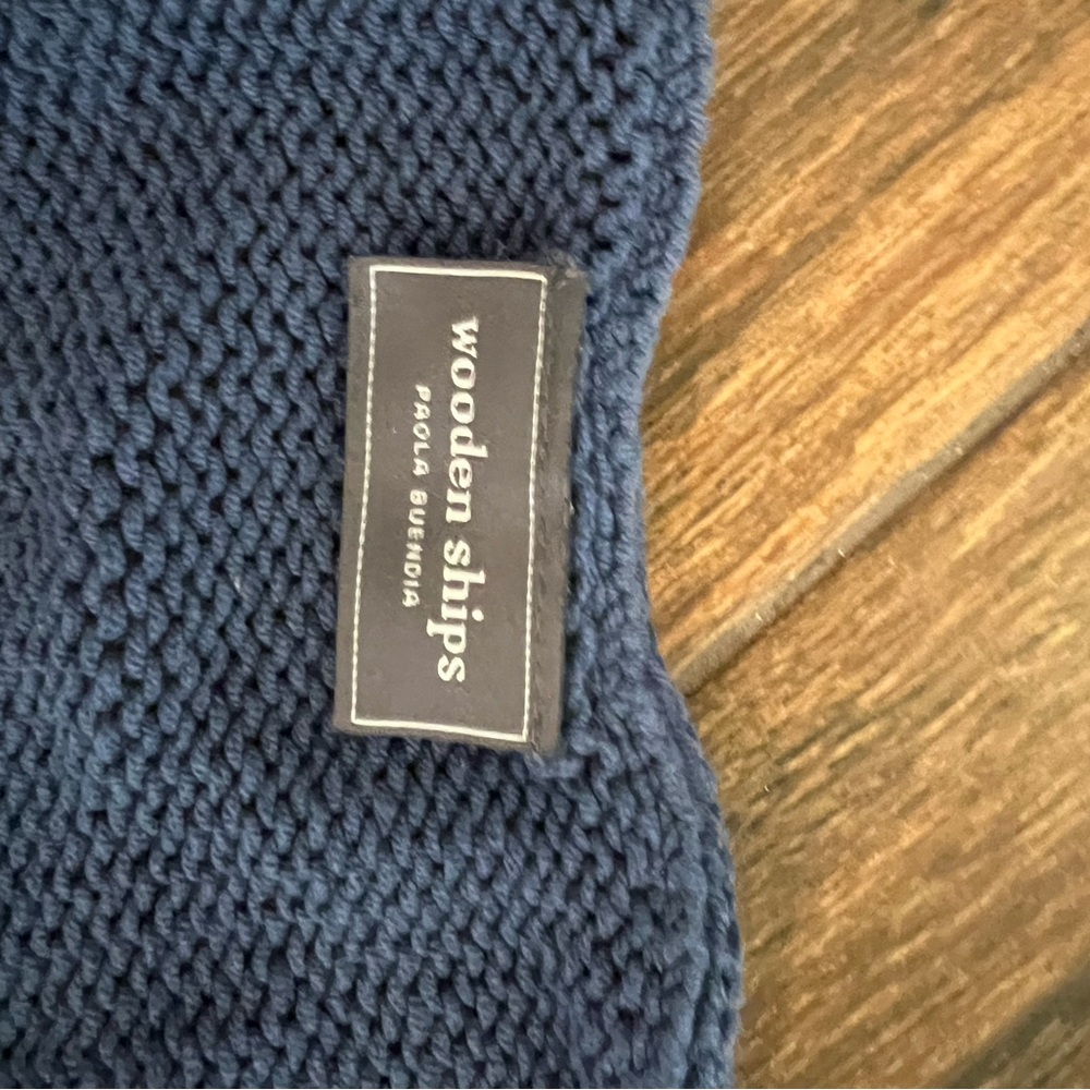 Wooden Ships Navy Knit Sweater with Cream "salty beach" Text - Picture 2 of 3